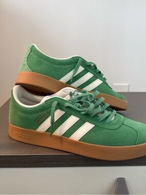 adidas Green Suede Sneakers with White Stripes and Brown Gum Sole